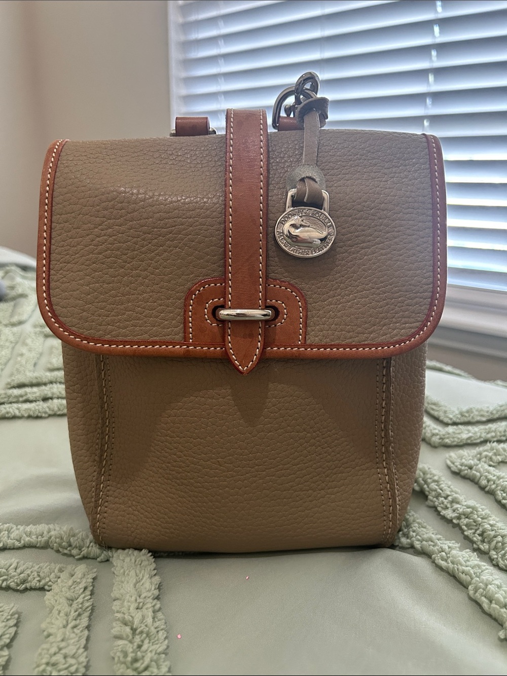 VINTAGE Dooney & Bourke Taupe Pebbled Leather Mini Backpack with Saddle Trim EUC